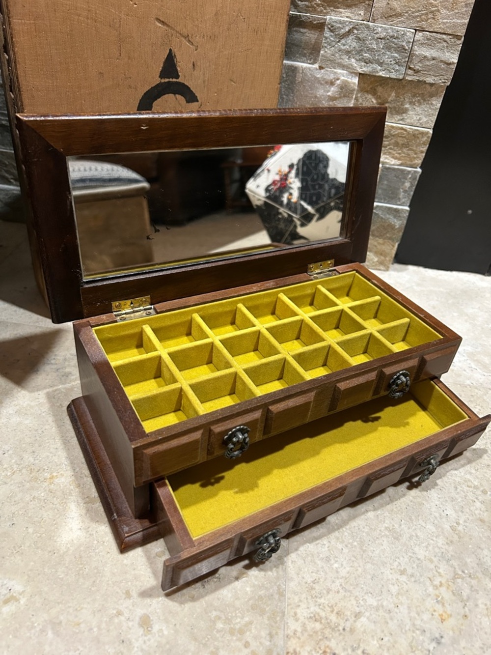 vintage wooden jewelry box with drawer and yellow lining